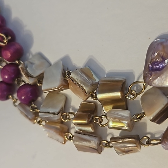 Baroque Pearl, Shell & Wooden Beads on a Goldtone 3 Strand 17" Necklace - Picture 6 of 8